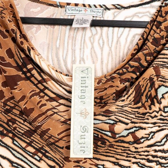 Vintage Suzie Leopard Print Shirt L Womens New Cowl Neck 3/4 Sleeves Brown Green - Picture 4 of 5
